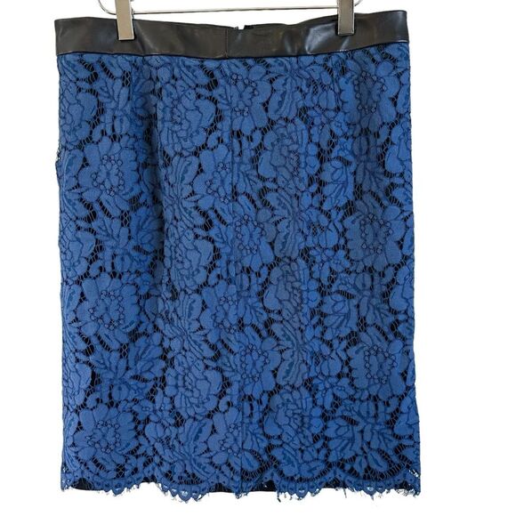 Brixon Ivy Blue Black Lace Overlay PU Trim Lined Rayon Blend Pencil Skirt Medium - Picture 2 of 12